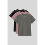 Standart Fit O Yaka 3lü Paket Siyah-Haki-Gül Kurusu Kız Çocuk T-Shirt - 75177