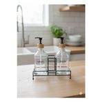 Stantlı Bambu Kapaklı İkili Cam Sıvı Sabunluk & Deterjanlık Seti – 2×500 ml, 22,5 × 8,5 × 24 cm