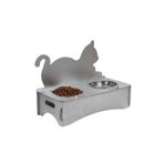 Starlightning Ahşap Kedi Mama Kabı Standı Gümüş Premium Boyalı Paslanmaz Çelik Kaseli Kedi Figür Arkalıklı Model