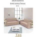 StarMall Şal Desen Jakarlı Koltuk, Kanepe, Çekyat Örtüsü, Likralı, Etekli, Koltuk Kılıfı 3+3 (Iki Adet) - Taş - 180 x 230 cm