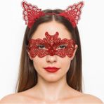 Starseven Ateş Kırmızısı Dantel Taç ve Maske Seti 10 No - Maskeli Balo &amp; Özel Gün Seti