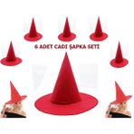 Starseven Kırmızı Renk Keçe Cadı Şapkası Yetişkin Çocuk Uyumlu 6 Adet