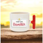 Start With Bismillah Tasarımlı Kırmızı T Kulplu Seramik Baskılı Kupa Bardak 250 ml - 010 - Beyaz