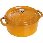 Staub 1102285 Cocotte / kızartma tenceresi, yuvarlak kapaklı 22 cm, 2.6 l, tencerenin içinde mat siyah emaye, döküm demir, hardal sarısı, 26 cm
