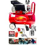 STAXX POWER ROLLER Bakır Sargı Motor Portatif 50LT Hava Kompresörü 2.5HP + Yüksek Kalite 5 Parça Havalı Alet Set