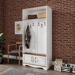 Stella 4 Kapaklı 6 Askılı 5 Bölmeli Country Vestiyer, Portmanto Beyaz-Ceviz- Tamamı Mdf