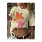 stg spor toptan giyim Kadın Krem Oversize Çift Çiçek Baskılı Bol Kalıp T-shirt