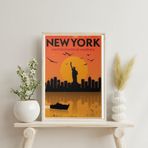 Sticker Master Vintage New York Şehir Manzarası Çerçeveli Poster, Özgürlük Heykeli ve Gün Batımı, Turuncu (Natural Ahşap-21X30 Cm)