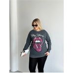 Stil Diva Büyük Beden Kadın Bisiklet Yaka Yıkamalı Sweatshirt Baskılı Pul Detaylı 301252 - Antrasit