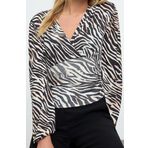 Stil Kadın Animal Baskı Yeşili Büzgü Drape Detaylı Kollu Esnek Bluz Regular Slim Kalıp Balon Kol