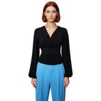 Stil Kadın Animal Baskı Yeşili Büzgü Drape Detaylı Kollu Esnek Bluz Regular Slim Kalıp Balon Kol_Siyah-XS