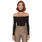 Stil Kadın Carmen Yaka Choker Detaylı Fitted Vücuda Oturan Fitilli Bluz Crop Örme Slim Kalıp_Kahverengi-M