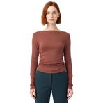 Stil Kadın Fitted Vücuda Oturan Büzgü Drape Detaylı Esnek Bluz Crop Örme Slim Kalıp Düşük Kol_Kahverengi-001-S