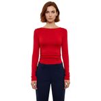 Stil Kadın Fitted Vücuda Oturan Büzgü Drape Detaylı Esnek Bluz Crop Örme Slim Kalıp Düşük Kol_Kırmızı-L