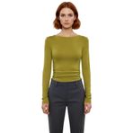 Stil Kadın Fitted Vücuda Oturan Büzgü Drape Detaylı Esnek Bluz Crop Örme Slim Kalıp Düşük Kol_Yağ Yeşil-XL