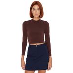 Stil Kadın Fitted Vücuda Oturan Kol Büzgülü Esnek Bluz Crop Örme Slim Kalıp_Kahverengi-XS