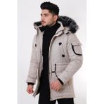 Stil Kombin King İçi Kürklü Kapşonlu Mont & Kaban - Bej - 2XL
