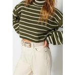 Stil Modern Kadın Crop Düşük Kol Balıkçı Yaka Çizgili Triko Kazak