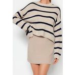 Stil Modern Kadın Crop Düşük Kol Bisiklet Yaka Basic Çizgili Triko Kazak