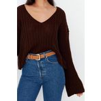 Stil Modern Kadın Crop Standart Kol V Yaka Yünlü Geniş Kalıp Basic Triko Kazak