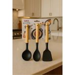 Stil Silikon Bambu Saplı Servis Seti 3’lü | Spatula, Kepçe ve Servis Kaşığı - Siyah