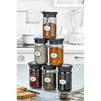 Stile Cucina 6' Lı Silikon Kapak Kaşıklı Ve Etiketli Baharatlık Seti 380 Ml Etiketli Cam Baharat Takımı Siyah