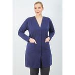 Stilmony Kadın Lacivert Cepli Büyük Beden Yazlık Uzun Penye Hırka - 3XL