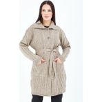 Stilmony Kadın Vizon Düğmeli Cepli Kuşaklı Triko Yün Uzun Hırka - 2XL