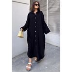 STİLVİA Kadın Siyah Muslin Kumaş, Yarasa Kol, Eteği Oval, Çift Cepli, Uzun Oversize Salaş Gömlek Elbise