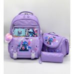 Stitch Desen Aksesuarlı Kore Tarzı Termal Beslenmeli Ve Kalemlikli Kız Çocuk Okul Sırt Çantası Seti Lila