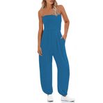 STOLKISS Kadın tüp üst tulumlar straplez kuşaklı geniş bacak büstiyer tulum Backless bol uzun pantolon tulum cepler ile, Y219 Haze Mavi, M