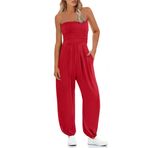 STOLKISS Kadın tüp üst tulumlar straplez kuşaklı geniş bacak büstiyer tulum Backless bol uzun pantolon tulum cepler ile, Y219 Kırmızı, M