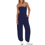 STOLKISS Kadın tüp üst tulumlar straplez kuşaklı geniş bacak büstiyer tulum Backless bol uzun pantolon tulum cepler ile, Y219 Mavi, XL