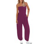 STOLKISS Kadın tüp üst tulumlar straplez kuşaklı geniş bacak büstiyer tulum Backless bol uzun pantolon tulum cepler ile, Y219 Mor Kırmızı, L