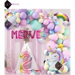 Store 5 Harfli 2 Yaş Gökkuşağı Konsepti Unicorn Temalı Makaron Balon Doğum Günü Parti Kutlama Seti