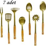 Store Ahşap Saplı Paslanmaz Çelik Gold Servis Seti Lüks Pişirme Seti Ahşap Saplı Altın Renkli Servis Seti