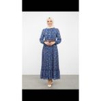 Store Çiçek Desenli Uzun Şifon Tesettürlü Elbise - 01-Mavi - 40