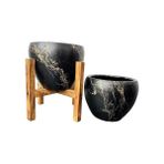 Storemax Bitki Tasarımı Ev Dekorasyon Siyah Üzeri Mermer Efektli Toprak Saksı Saksılık Salon Çiçeklik Ikili Set Ayaksız - 4 Ayaklı- 15 cm - 1BW-Beyaz