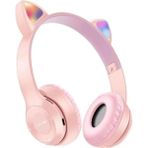 Storemax Bluetooth 5.0 Kablosuz Işıklı Kedi Kulaklık Kulak Üstü Kulaklık (Pembe) - Ahşap