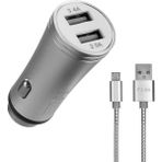Storemax HY-X62 3.4A Hızlı Şarj Micro USB Kablolu 2 USB Metal Araç Şarj Cihazı, Gümüş - Ahşap