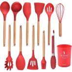 Storemax Premium Silikon Mutfak Gereçleri Seti, Kaliteli Ahşap Saplı, 11 Parça, Standlı (Kırmızı) - 0 - 249 ml