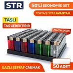 STR Taşlı Gazlı Çakmak 50’li Set Şeffaf Renkli Doldurulabilir Ekonomik Paket
