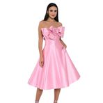 Straplez Önü Çiçekli Fiyonk Saten Midi Elbise pembe 40