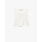 Straplez Yaka Fiyonklu Peplum Volanlı Kolsuz Bluz
