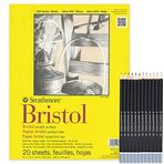 Strathmore Bristol Kağıt Pürüzsüz Ped, 22,86 cm x 30,48 cm Bant Cildi, 20 Yaprak, 45,4 kg, Bristol Eskiz Defteri Sanat Kağıdı Pürüzsüz Kaplama 12 Grafit Kalem Seti ile Çizim ve Boyama