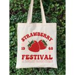 Strawberry Festival, Çilek Festivali Tasarımlı Ham Bez Ince Tote Bag, Bez Çanta, Kitap Çantası - --