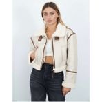 Studio Fashion 1988 Kadın Bej Biyeli Yakası Kemerli Içi Kürklü Lamine Deri Crop Mont - 40