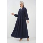 Style Line Kadın Hakim Yaka Beli Büzgülü Uzun Kol Fırfırlı Lacivert Tesettür Elbise - 38