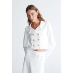 Styleboom x Peraluna Kathy Blazer Çelik Örgü Crop Kruvaze Blazer Kadın Triko Ceket - Ekru - XL