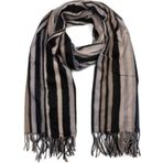 styleBREAKER Unisex Şal, Renkli Çizgili Desenli ve Uzun Püsküllü, Renk Engelleme, Kış, Stola 01017113, Gri-bej-mavi, Ölçü Birimi